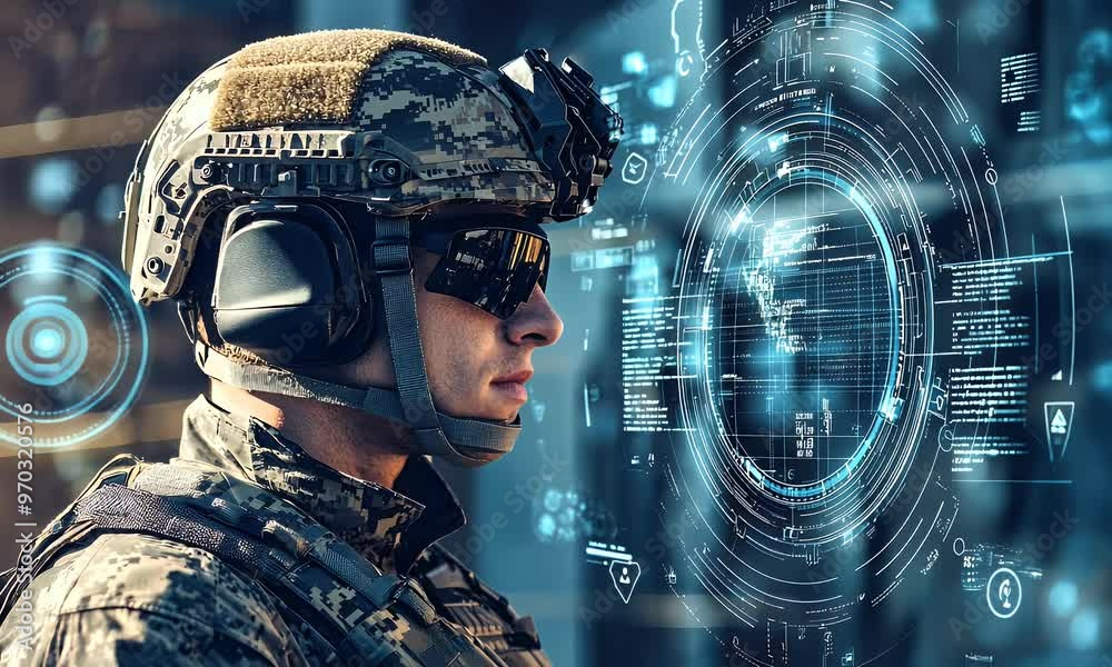 A soldier in tactical gear interacts with a digital interface displaying data and maps.