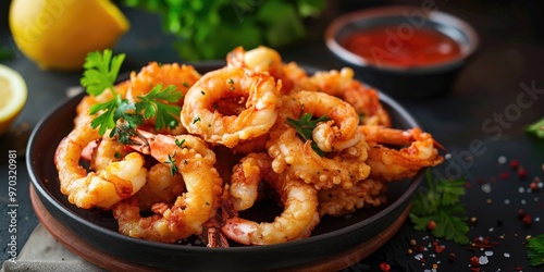 Fried calamari rings and shrimp a delicacy from the sea