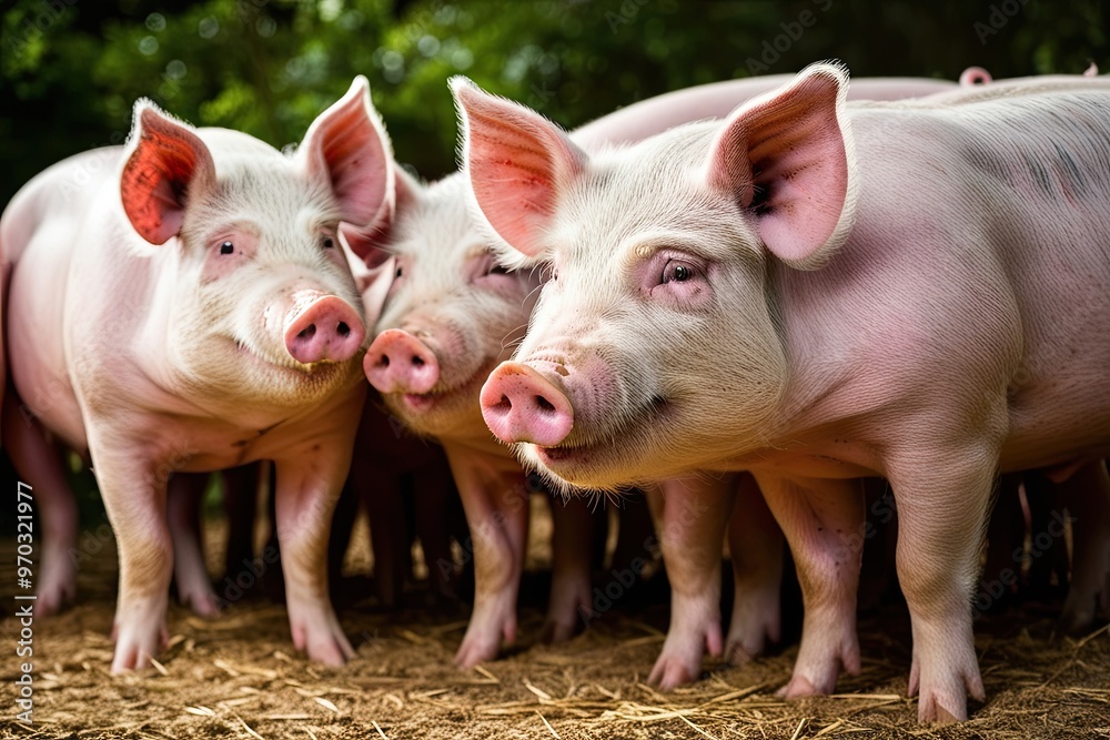 Rustic Pig Gathering Artwork on Bright Background Rustic Pig Gathering Artwork on Bright Background