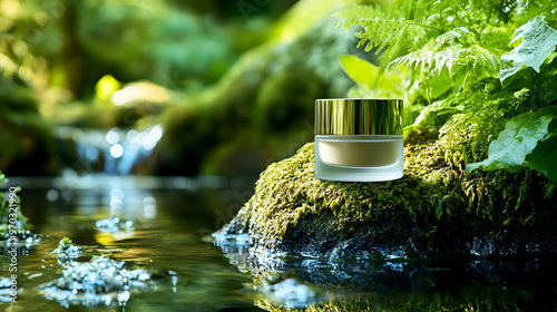 The eco beauty product jar sits on a moss-covered rock, surrounded by clear spring water and lush greenery, emphasizing its natural and sustainable ingredients