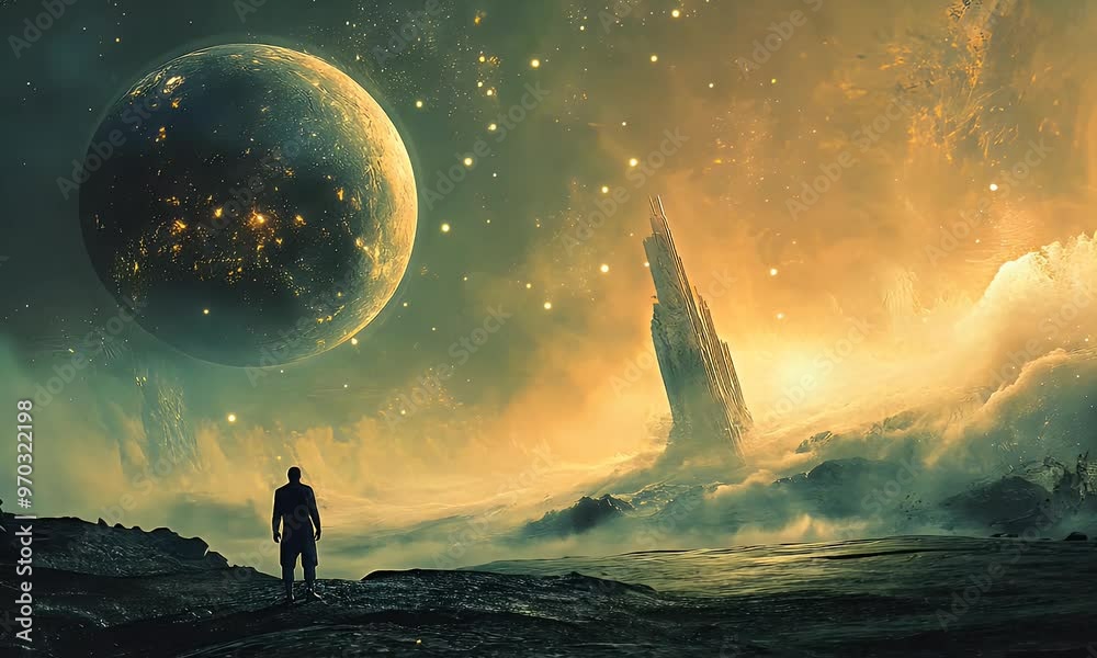A solitary figure gazes at a distant planet and towering structure in a surreal cosmic landscape. A solitary figure gazes at a distant planet and towering structure in a surreal cosmic landscape.