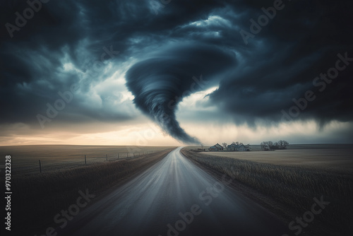 Tornado over the field. Capture the moment a tornado occurs. photo