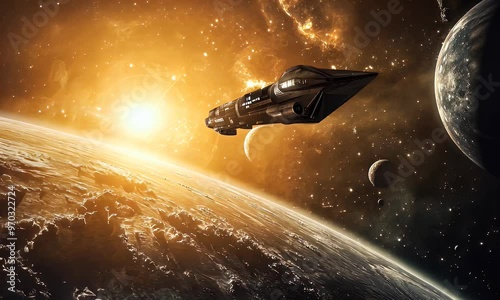 Wallpaper Mural A spaceship travels through space, observing planets, stars, and a glowing sun. Torontodigital.ca