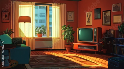 Lofi Cozy Retro Room with Vintage Old TV Television - Anime Style Cozy Home House Furniture Indoor Interior Chill Relax 