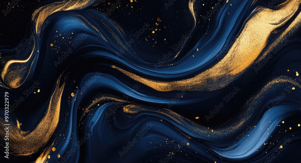 Abstract blue and gold liquid swirl with glitter.
