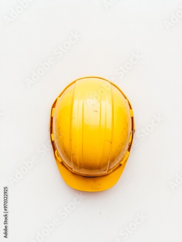 Minimalist Aerial View of Yellow Hard Hat on Roof of Unfinished Skyscraper photo