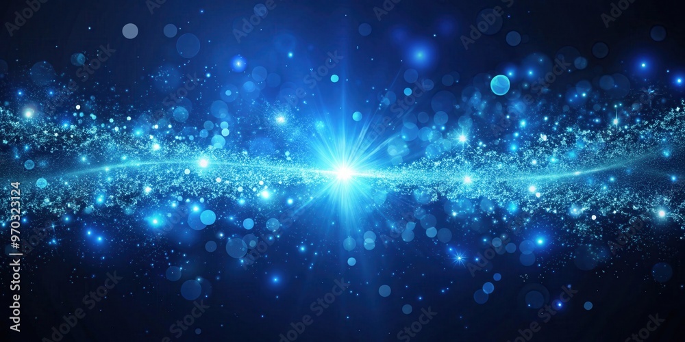 Obraz premium Abstract Blue Sparkling Light Burst with Glowing Particles and Bokeh Effects on Dark Background for Futuristic Design, Cosmic Energy, or Magical Starry Night Sky Concept in Digital Art