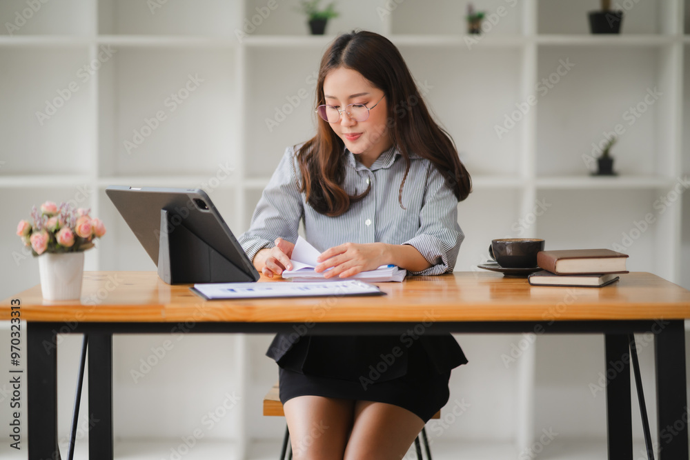 Focused on Success: A young Asian businesswoman diligently analyzes charts and graphs on her tablet, showcasing her dedication to professional growth and financial success. The warm, minimalist worksp Focused on Success: A young Asian businesswoman diligently analyzes charts and graphs on her tablet, showcasing her dedication to professional growth and financial success. The warm, minimalist worksp