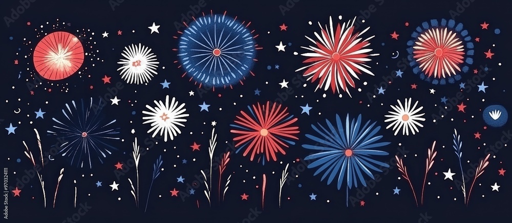 Fototapeta premium Celebratory fireworks illuminating the night sky in a flat design for a festive independence day Stars and stripes motif featured prominently