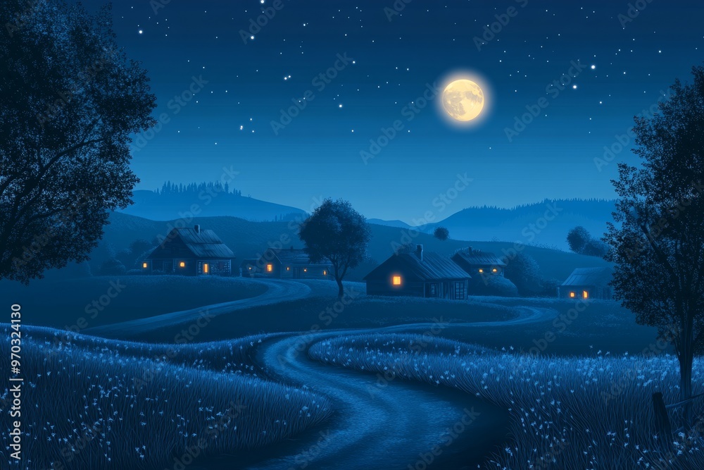 A winding country road leads through a peaceful village under a starry night sky. The full moon casts a soft glow on the houses and fields. A winding country road leads through a peaceful village under a starry night sky. The full moon casts a soft glow on the houses and fields.