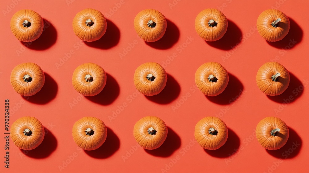 Pattern of Small Pumpkins on Bright Orange Background – Fall Harvest Concept