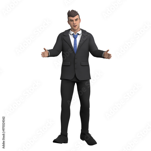 Male Lawyer 3D Illustration. A male lawyer with both hands open, as if giving an argument or explanation in a legal presentation. Professional