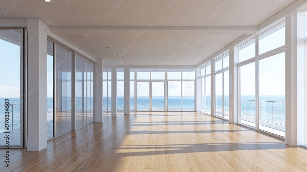 Minimalist interior of an empty room featuring large panoramic windows a balcony with a sea view wooden parquet flooring and contemporary architectural design rendered in 3D Minimalist interior of an empty room featuring large panoramic windows a balcony with a sea view wooden parquet flooring and contemporary architectural design rendered in 3D