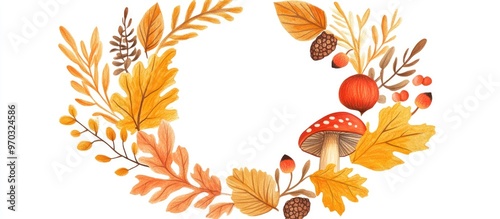 Elegant circular frame or wreath crafted from vibrant fallen oak leaves acorns maple leaves mushrooms berries and assorted simple foliage
