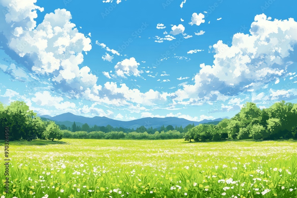 Fototapeta premium A vast, green meadow dotted with white wildflowers stretches towards a line of blue mountains under a bright blue sky with fluffy white clouds.