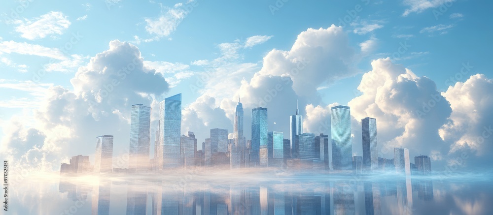 Fototapeta premium Abstract modern city skyline with a cloudy blue sky in the backdrop rendered in 3D illustration
