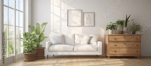 Concept of a bright Scandinavian living room featuring a sofa dresser on wooden flooring decorative elements on a large wall and a white landscape visible through a window 3D illustration