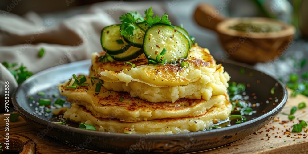 Pancake with mashed potato and pickled cucumbers Pancake with mashed potato and pickled cucumbers