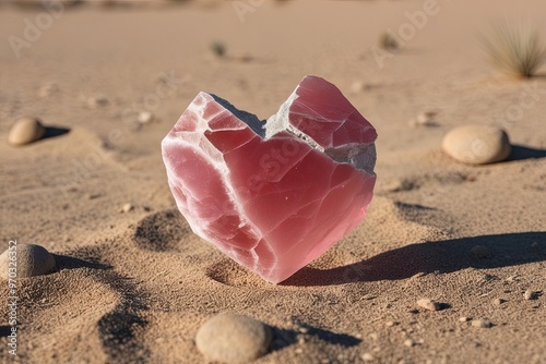 Splintered Pink Quartz Heart in Desert Sand Representing Lost Love and Longing