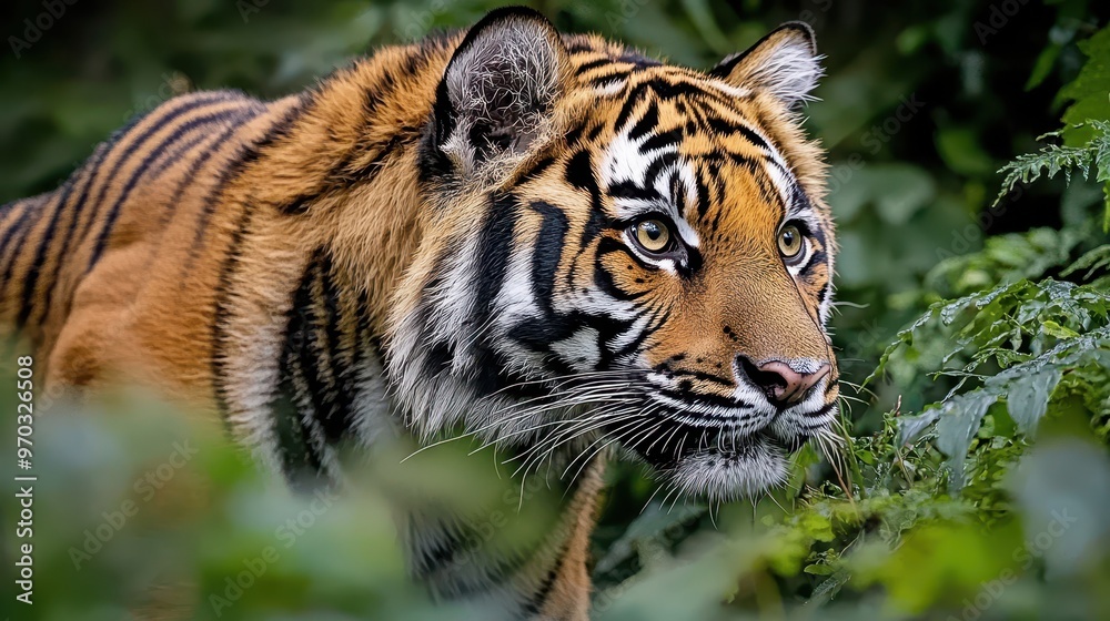 Close Up Portrait of a Majestic Tiger in Lush Green Foliage Close Up Portrait of a Majestic Tiger in Lush Green Foliage