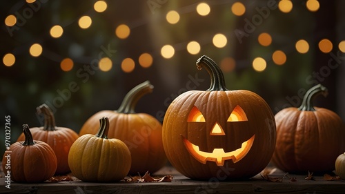 Vibrant orange pumpkins on a rustic wooden table with a warm, glowing bokeh background. Perfect for Halloween-themed visuals, with ample space for text and festive details. Copy space