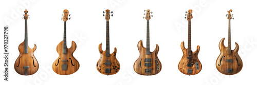 Six Artistic Wooden Guitars with Transparent Background Vintage Style