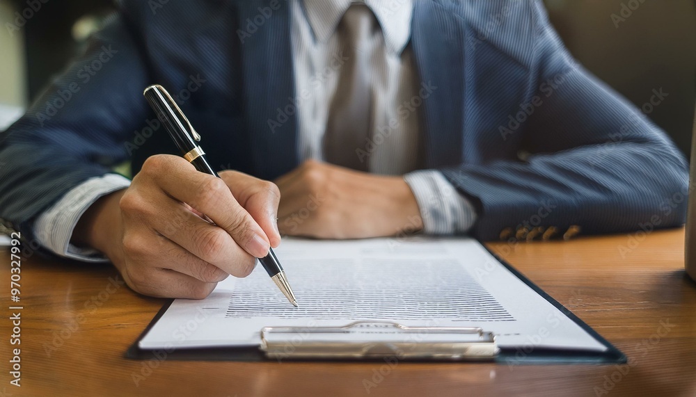 Close-up of a businessperson in a suit signing a legal document with a pen, highlighting professionalism and contract agreement. Close-up of a businessperson in a suit signing a legal document with a pen, highlighting professionalism and contract agreement.
