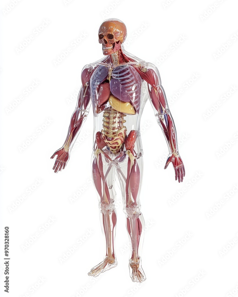 Transparent Human Anatomy Model with Muscles, Organs and Skeleton - Medical Illustration 3D Render. Transparent Human Anatomy Model with Muscles, Organs and Skeleton - Medical Illustration 3D Render.