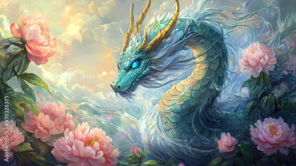 Obraz premium Dragon and Peonies.