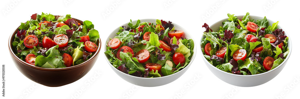 Three Fresh Mixed Green Salads with Cherry Tomatoes in Bowls on Transparent Background Three Fresh Mixed Green Salads with Cherry Tomatoes in Bowls on Transparent Background