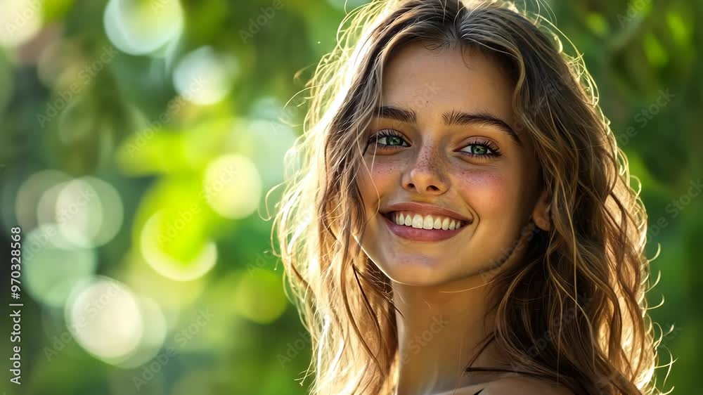 A joyful young woman smiles in a sunlit garden filled with greenery and soft bokeh effects during a warm summer day