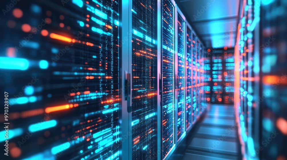 A server room with rows of servers lit by blue and orange lights.