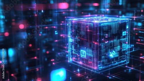 A glowing blue and red cube with circuits, lines, and data flow patterns in the background.