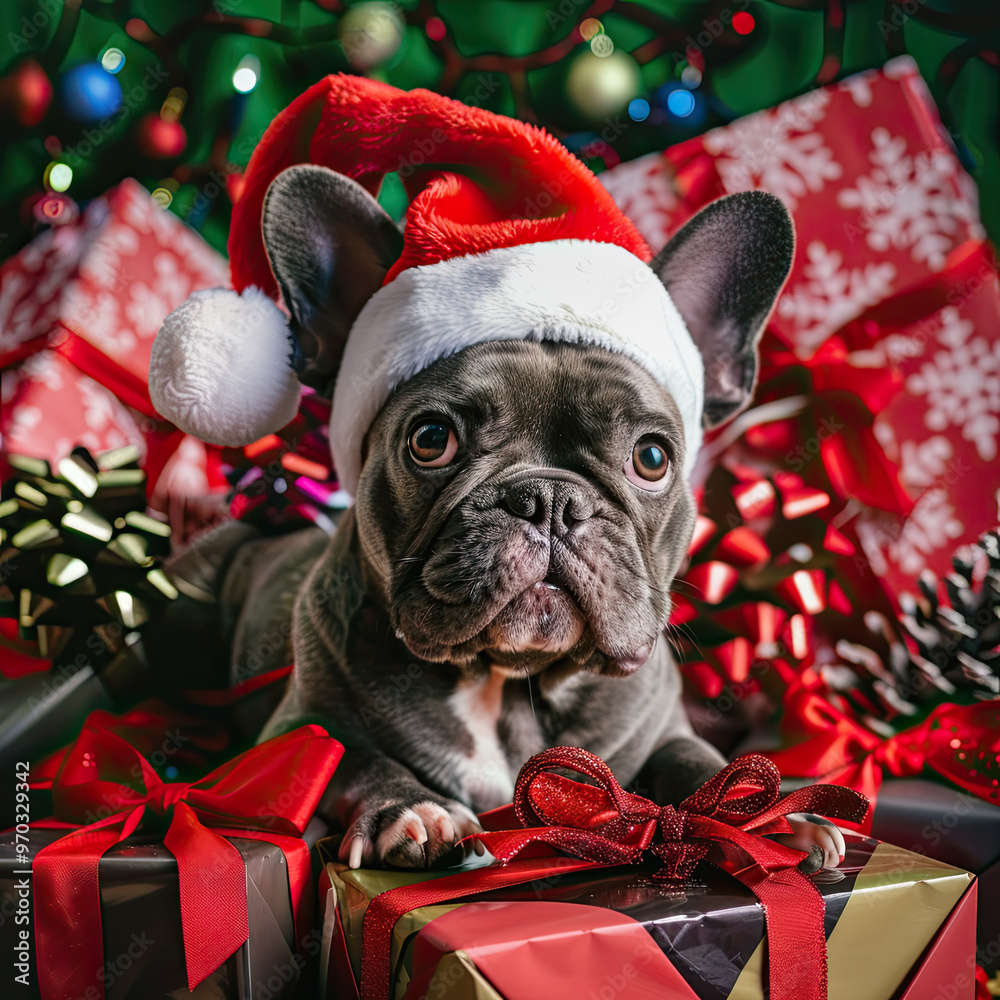 French Bulldog in Santa Hat Surrounded by Christmas Gifts, Bows, and Holiday Cheer