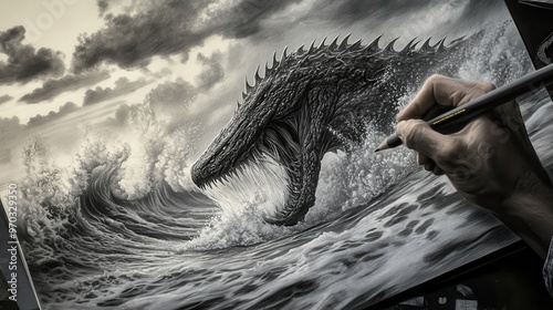 Sea Monster Pencil Drawing Artwork - Detailed  Grey Scale  Realistic Illustration photo