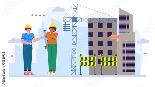 Illustration of construction workers discussing building plans on site