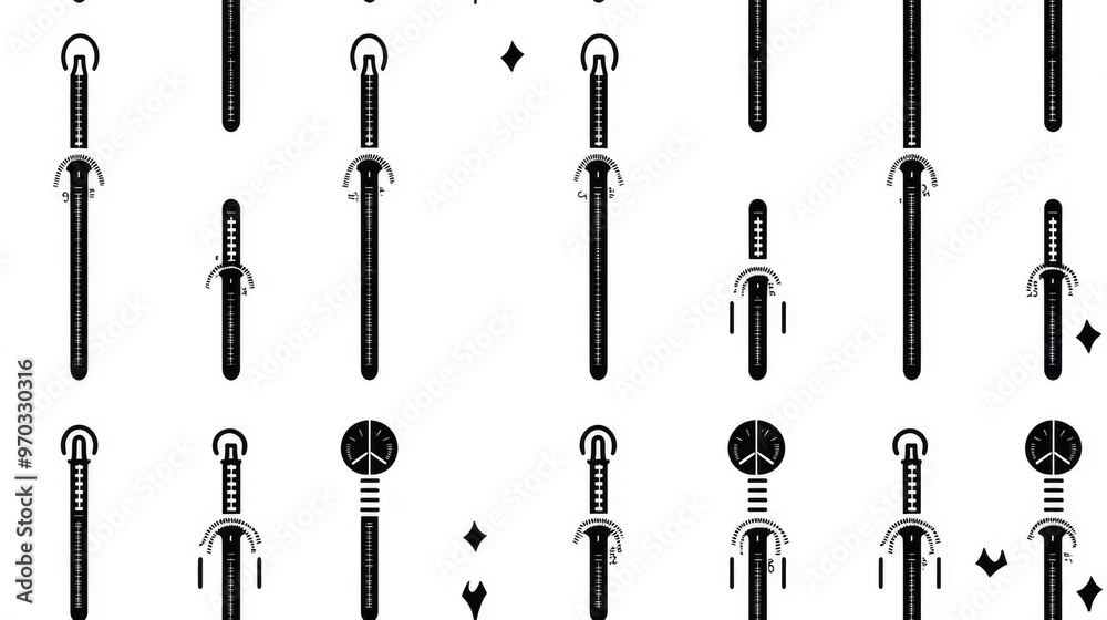 Seamless pattern featuring evenly distributed black thermometer symbols in varying sizes and opacities Illustration set against a white background Seamless pattern featuring evenly distributed black thermometer symbols in varying sizes and opacities Illustration set against a white background
