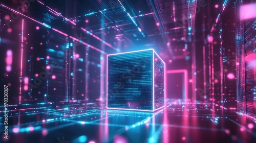 A glowing blue cube with code floating in a futuristic digital space with pink and blue lights.