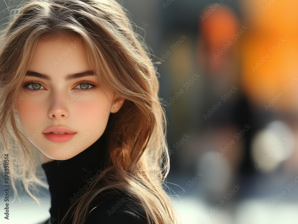 Captivating close-up portrait of a young woman with soft features, flawless skin, and natural beauty, set against a blurred urban background. Ideal for fashion, tech, lifestyle, education, and beauty Captivating close-up portrait of a young woman with soft features, flawless skin, and natural beauty, set against a blurred urban background. Ideal for fashion, tech, lifestyle, education, and beauty
