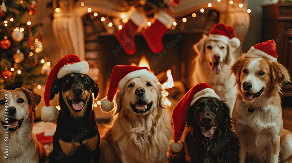 Group of Cheerful Dogs in Santa Hats Sitting by the Fireplace in a Cozy Christmas Scene