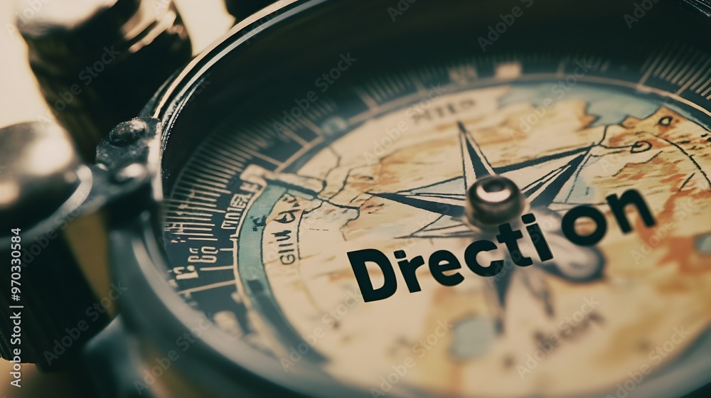 Close up of Military Compass and Map with Direction Text for Navigation and Strategic Planning Close up of Military Compass and Map with Direction Text for Navigation and Strategic Planning