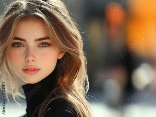 Captivating close-up portrait of a young woman with soft features, flawless skin, and natural beauty, set against a blurred urban background. Ideal for fashion, tech, lifestyle, education, and beauty 
