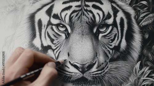 Closeup Hand Drawing of a Tiger's Face with Graphite Pencil.