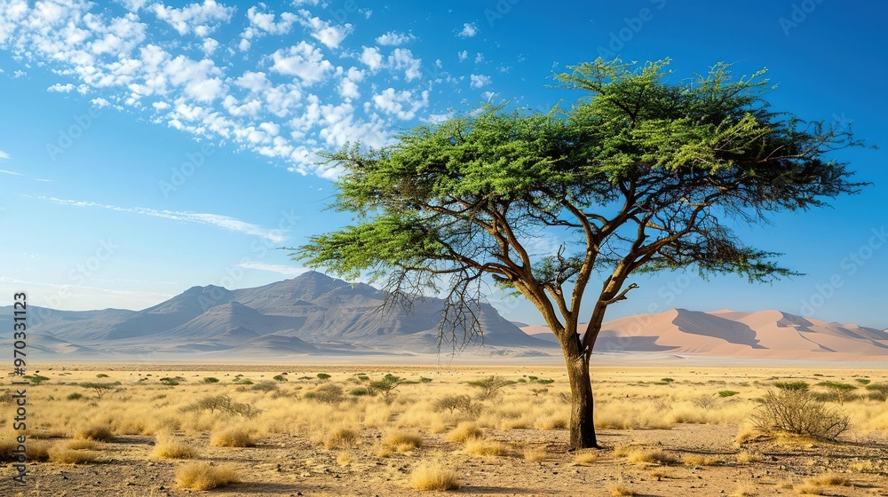 Fototapeta premium Typical African Lone Acacia Tree in the Namib Desert – Namibia and South Africa