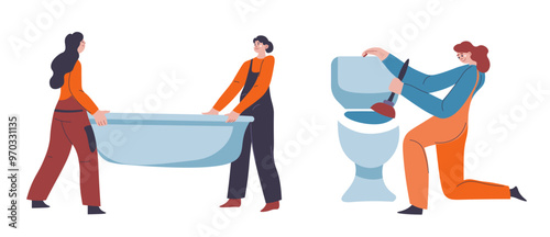 Two plumbers installing a bathtub