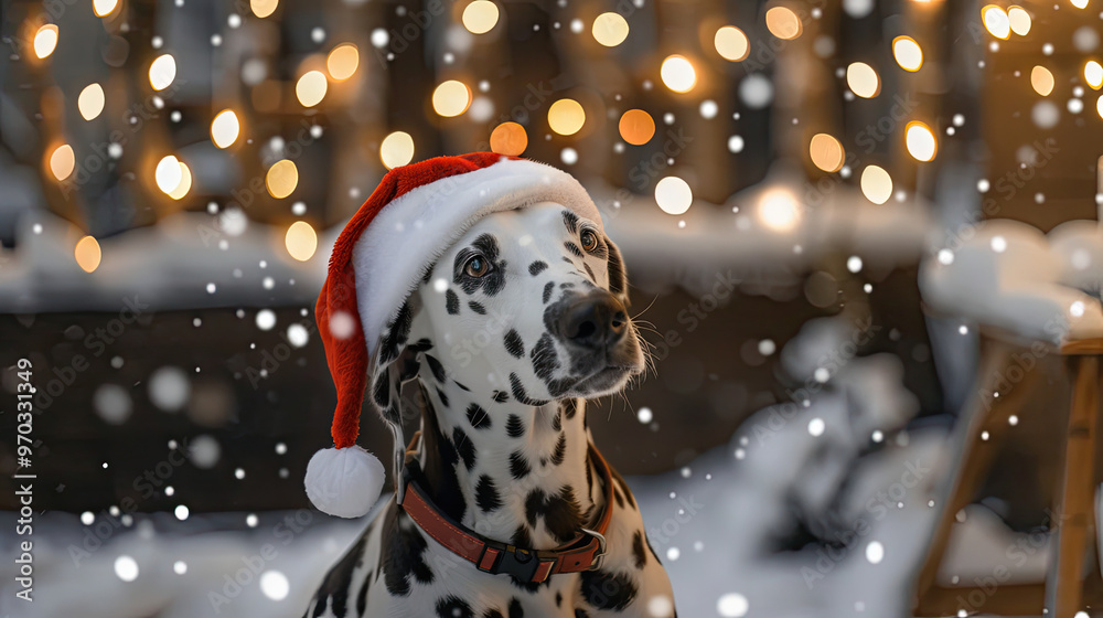 Joyful Dalmatian in Santa Hat in a Snow-Covered Yard with Magical Christmas Lights