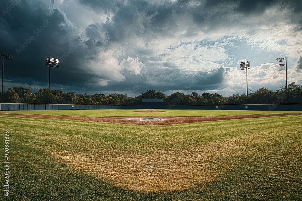 Baseball Field with Dramatic Storm Clouds and Lights