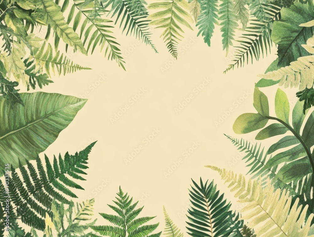 Watercolor Green Fern and Tropical Leaves Frame on Beige Background. Watercolor Green Fern and Tropical Leaves Frame on Beige Background.