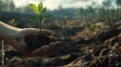 Hand Holding Young Sprout with Roots in Soil - Concept of Growth, Nature, and New Beginnings.