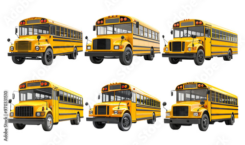 Collection of Six Yellow School Buses on Transparent Background photo